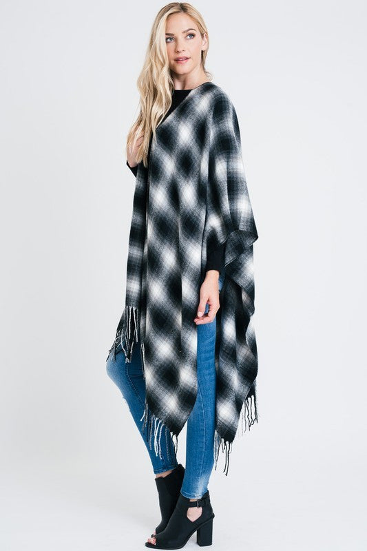 Plaid Open Front Poncho with Fringe Detail