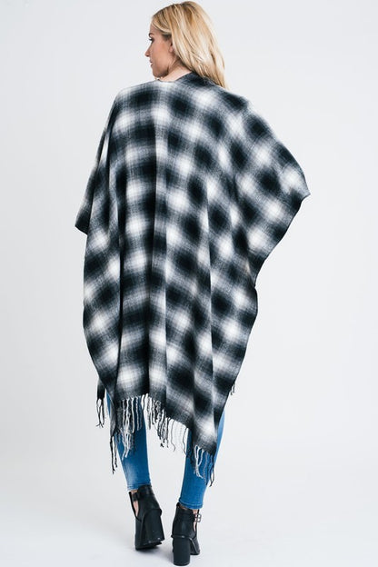Plaid Open Front Poncho with Fringe Detail
